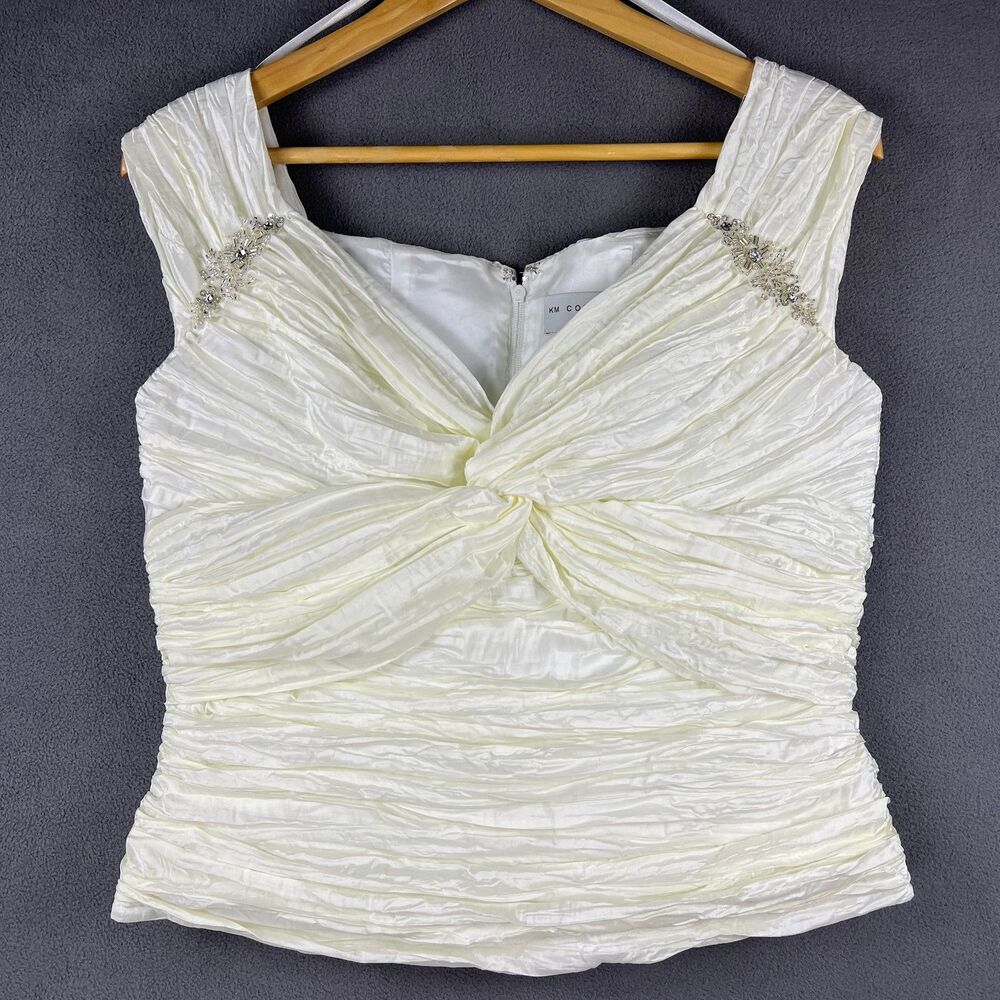 KM Collections Milla Bell Evening Gown Top Size 8 Off White Ivory Ruched Beaded